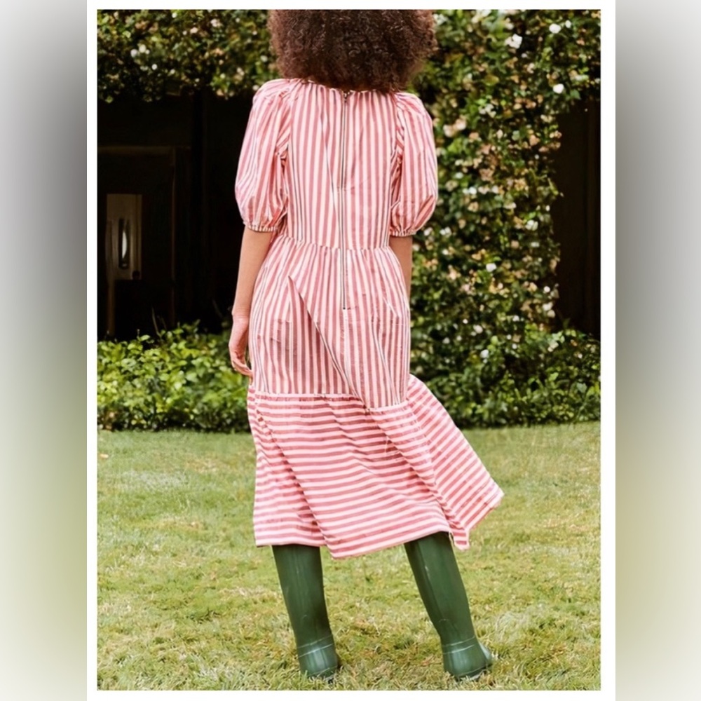 THE GREAT. Striped Red and White Midi Dress